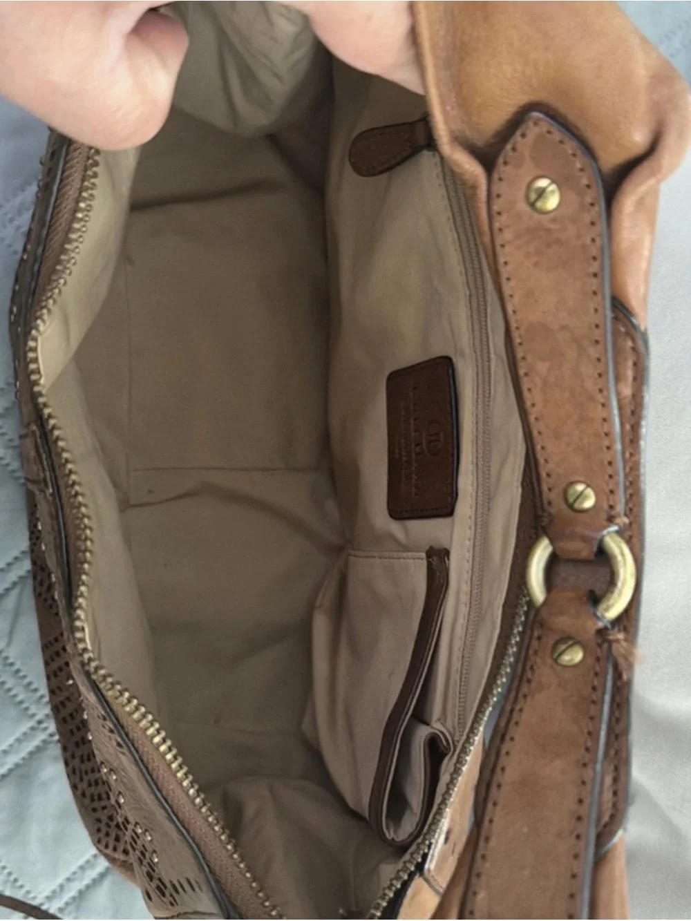 Cole Haan Tan Leather Perforated Hobo with Stud Accents